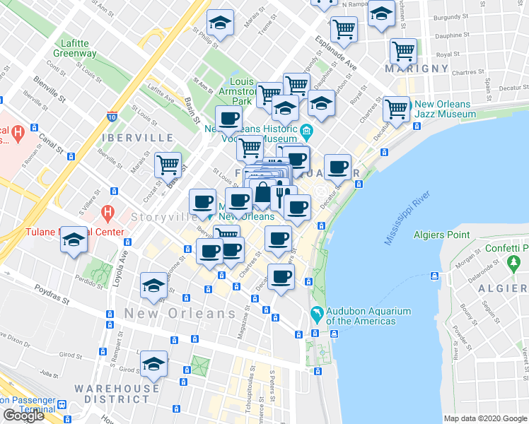 map of restaurants, bars, coffee shops, grocery stores, and more near 500 Royal Street in New Orleans