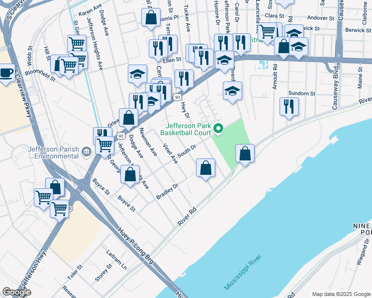map of restaurants, bars, coffee shops, grocery stores, and more near 4229 South Drive in Jefferson
