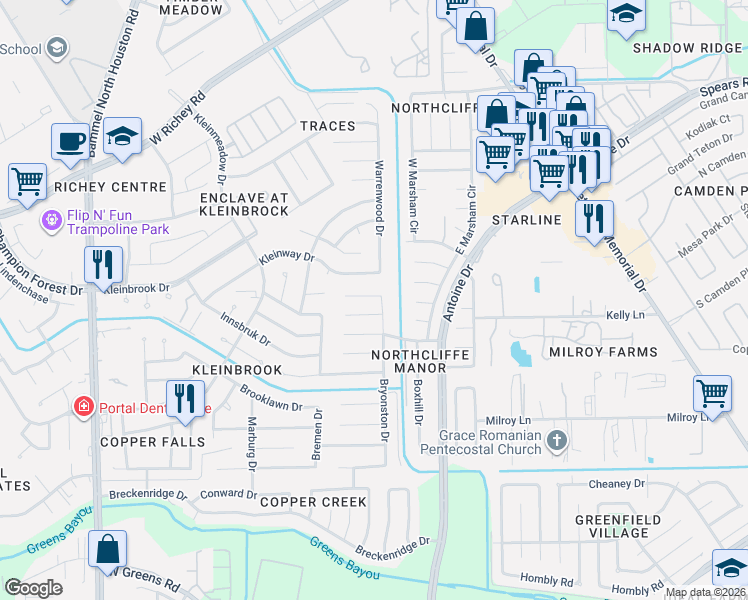map of restaurants, bars, coffee shops, grocery stores, and more near 3903 Derbyhall Drive in Houston