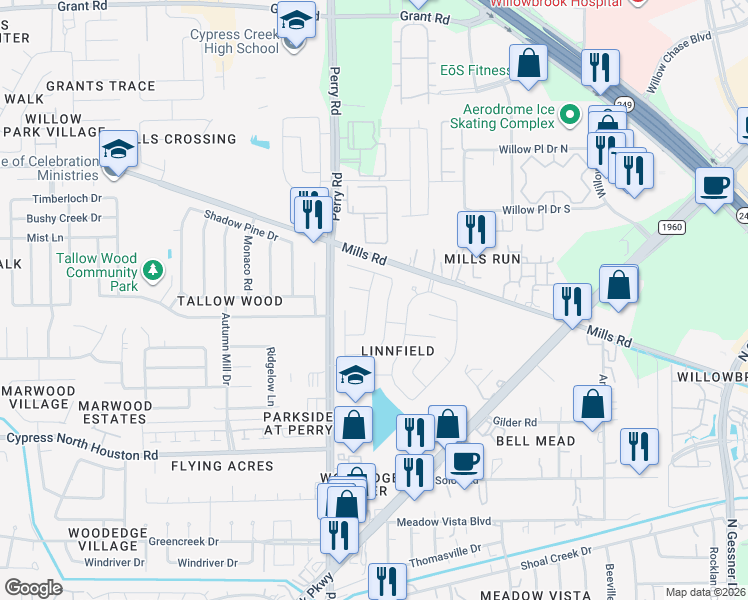map of restaurants, bars, coffee shops, grocery stores, and more near 12614 Cannonwood Lane in Houston