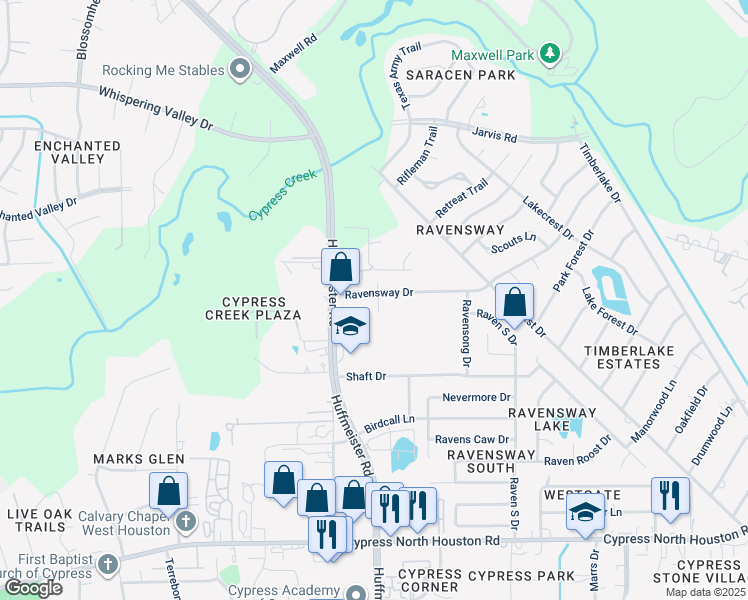 map of restaurants, bars, coffee shops, grocery stores, and more near 13605 Ravensway Drive in Cypress