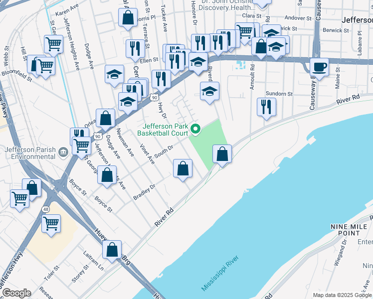 map of restaurants, bars, coffee shops, grocery stores, and more near 213 Highway Drive in Jefferson