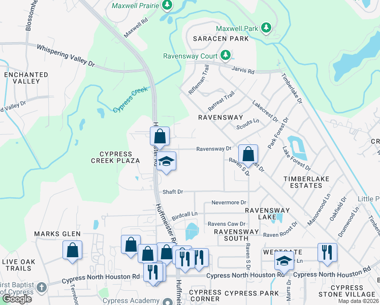 map of restaurants, bars, coffee shops, grocery stores, and more near 13407 Ravensway Drive in Cypress