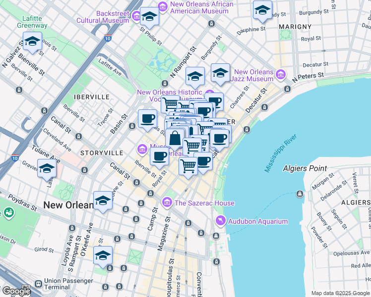 map of restaurants, bars, coffee shops, grocery stores, and more near 500 Royal Street in New Orleans