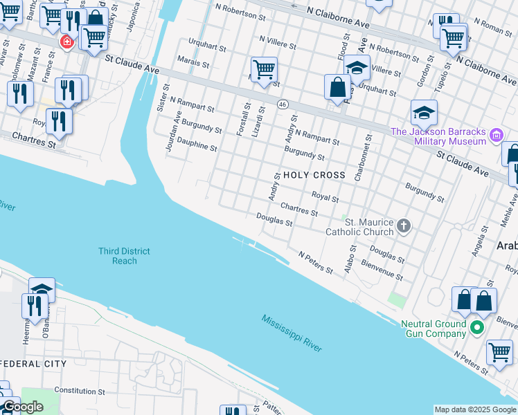 map of restaurants, bars, coffee shops, grocery stores, and more near 4348301 Chartres Street in New Orleans