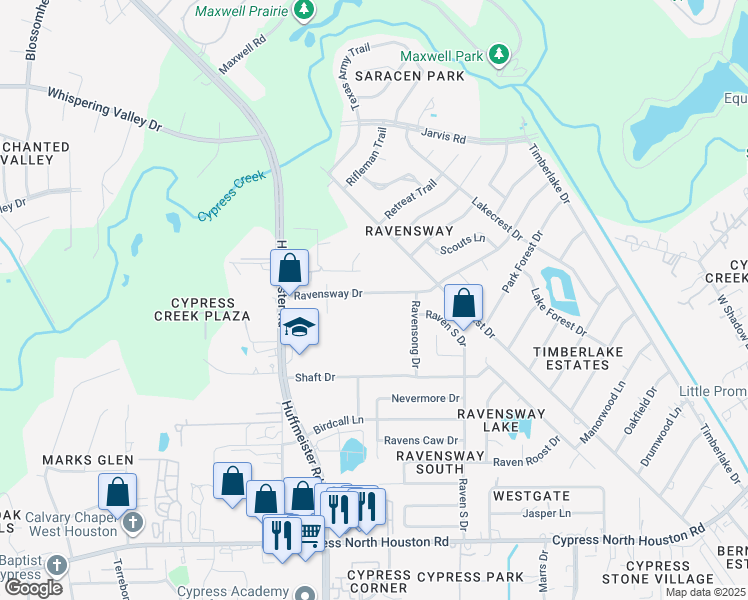 map of restaurants, bars, coffee shops, grocery stores, and more near 13111 Ravensway Drive in Cypress