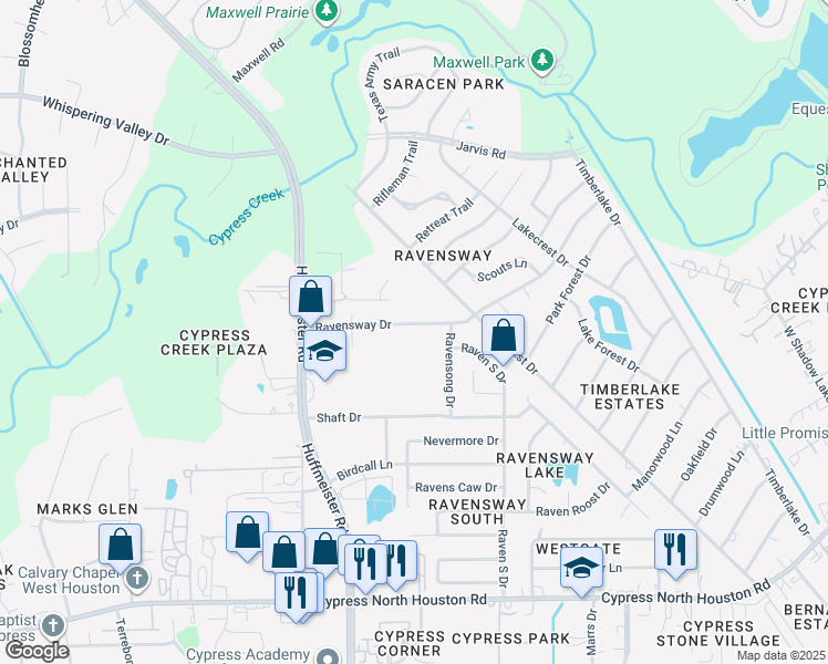 map of restaurants, bars, coffee shops, grocery stores, and more near 13111 Ravensway Dr in Cypress