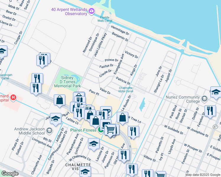 map of restaurants, bars, coffee shops, grocery stores, and more near 8514 Deerfield Drive in Chalmette