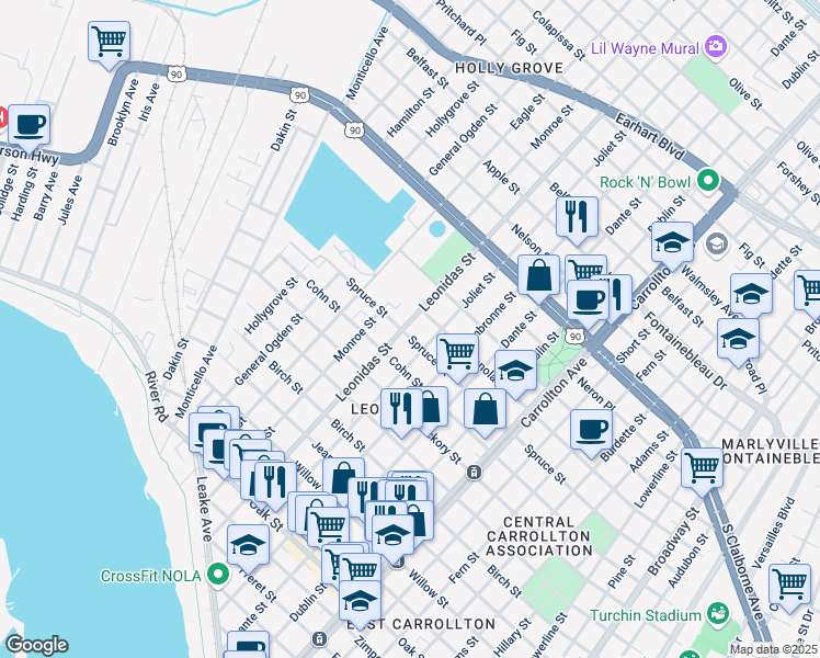 map of restaurants, bars, coffee shops, grocery stores, and more near 8531 Spruce Street in New Orleans