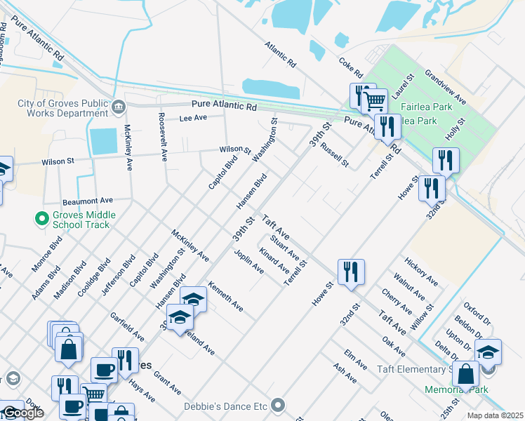 map of restaurants, bars, coffee shops, grocery stores, and more near 6900 39th Street in Groves