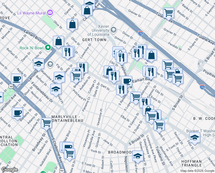 map of restaurants, bars, coffee shops, grocery stores, and more near 4714 Earhart Boulevard in New Orleans