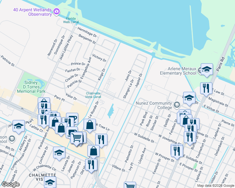 map of restaurants, bars, coffee shops, grocery stores, and more near 3617 Juno Drive in Chalmette