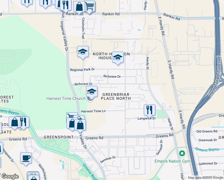 map of restaurants, bars, coffee shops, grocery stores, and more near 818 Richcrest Drive in Houston