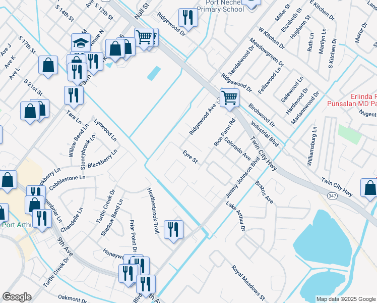 map of restaurants, bars, coffee shops, grocery stores, and more near 7925 Tom Drive in Port Arthur
