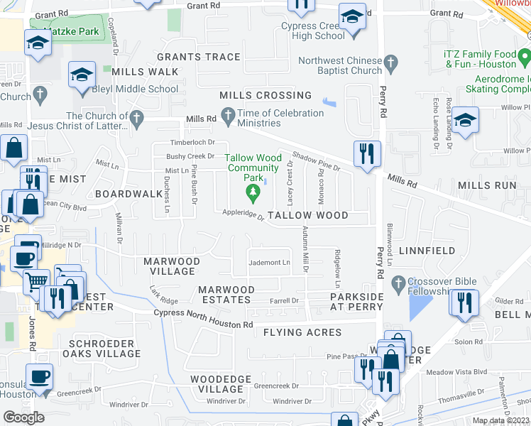 map of restaurants, bars, coffee shops, grocery stores, and more near 12607 Copper Mill Drive in Houston