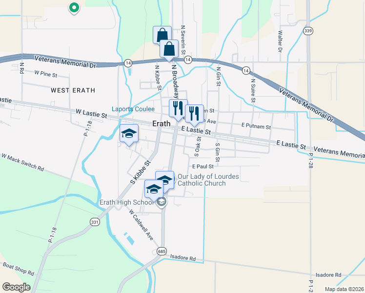 map of restaurants, bars, coffee shops, grocery stores, and more near 310 South Severin Street in Erath