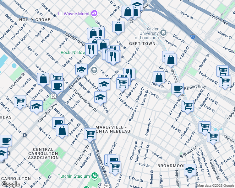 map of restaurants, bars, coffee shops, grocery stores, and more near 7219 Pritchard Place in New Orleans
