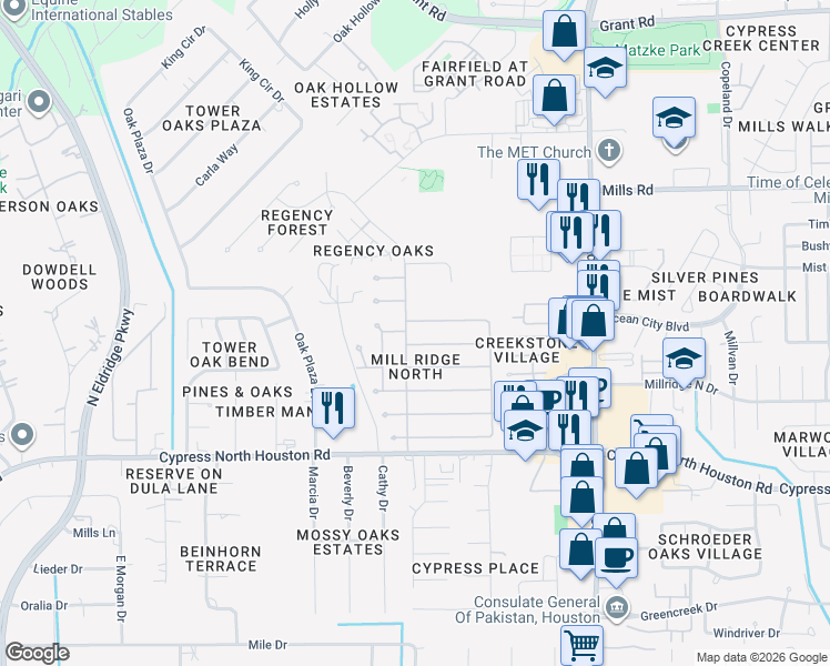 map of restaurants, bars, coffee shops, grocery stores, and more near 12526 Mill Ridge Drive in Cypress