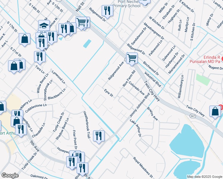 map of restaurants, bars, coffee shops, grocery stores, and more near 7925 Tom Dr in Port Arthur