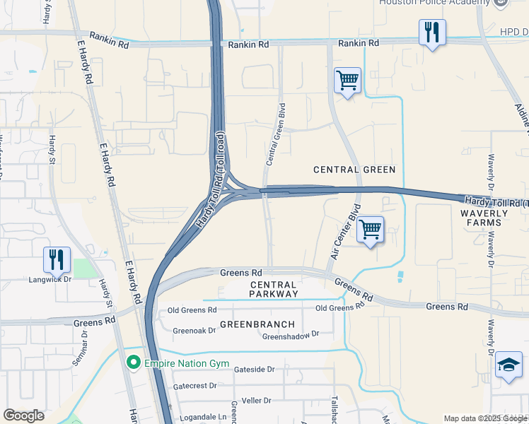 map of restaurants, bars, coffee shops, grocery stores, and more near 16335 Central Green Boulevard in Houston