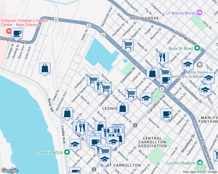 map of restaurants, bars, coffee shops, grocery stores, and more near 1919 Monroe Street in New Orleans