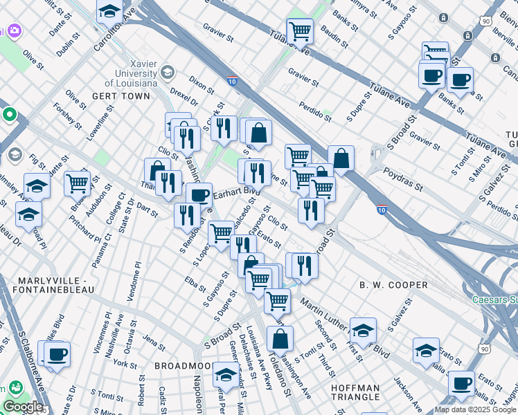 map of restaurants, bars, coffee shops, grocery stores, and more near 321 Clio Street in New Orleans
