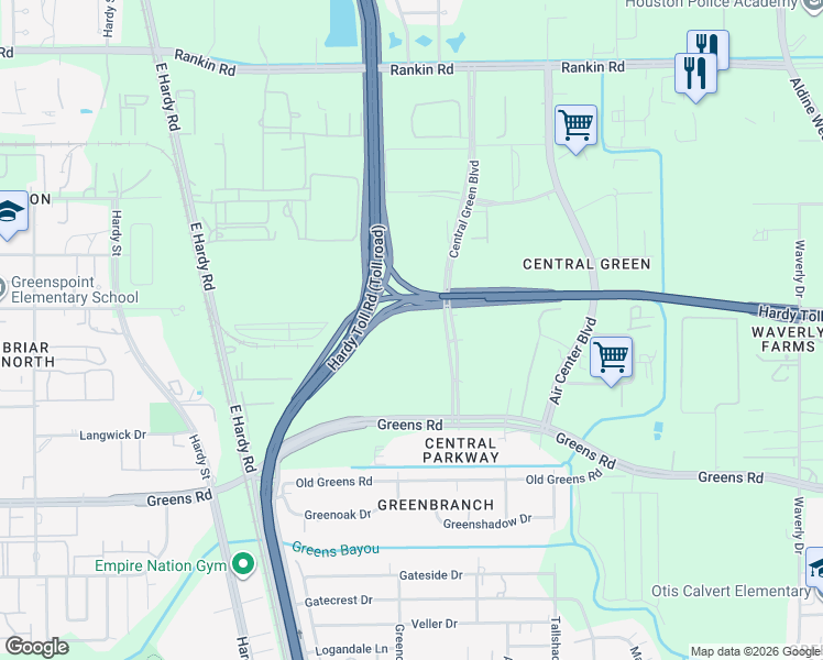 map of restaurants, bars, coffee shops, grocery stores, and more near 16335 Central Green Boulevard in Houston