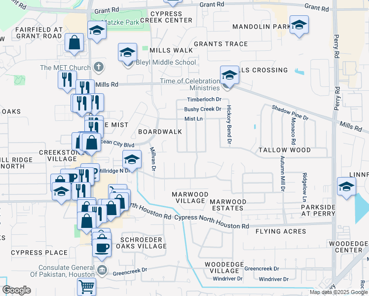 map of restaurants, bars, coffee shops, grocery stores, and more near 12607 Duchess Lane in Houston