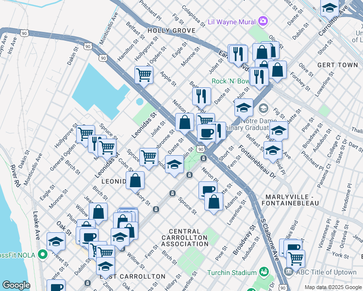 map of restaurants, bars, coffee shops, grocery stores, and more near 8219 Neron Place in New Orleans
