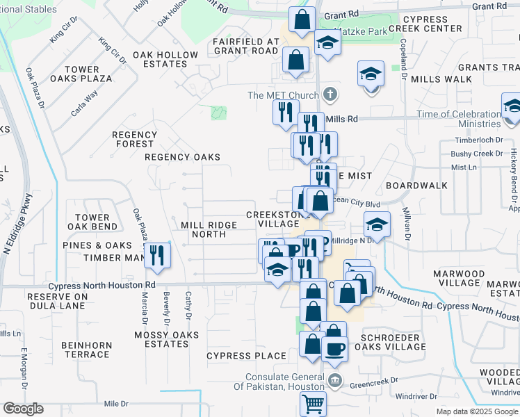 map of restaurants, bars, coffee shops, grocery stores, and more near 12526 Bent Pine Drive in Cypress