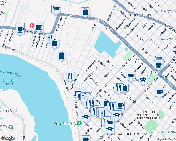 map of restaurants, bars, coffee shops, grocery stores, and more near 1627 Hollygrove Street in New Orleans