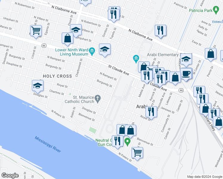 map of restaurants, bars, coffee shops, grocery stores, and more near 1 Delery Street in New Orleans