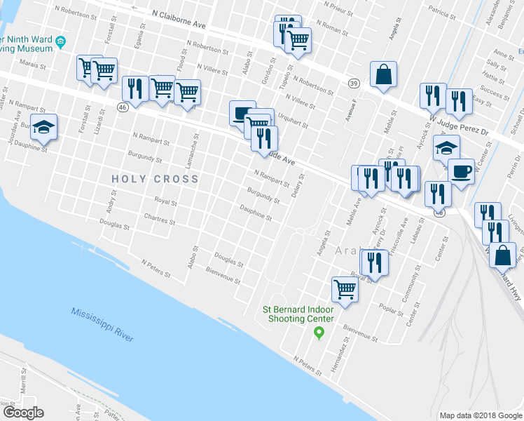 map of restaurants, bars, coffee shops, grocery stores, and more near 832 Tricou Street in New Orleans