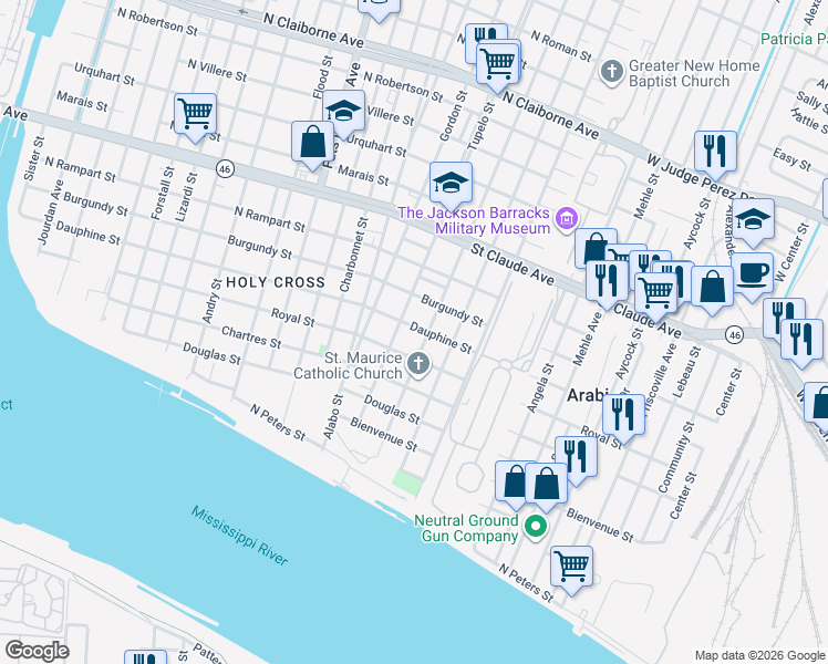 map of restaurants, bars, coffee shops, grocery stores, and more near 6122 Dauphine Street in New Orleans