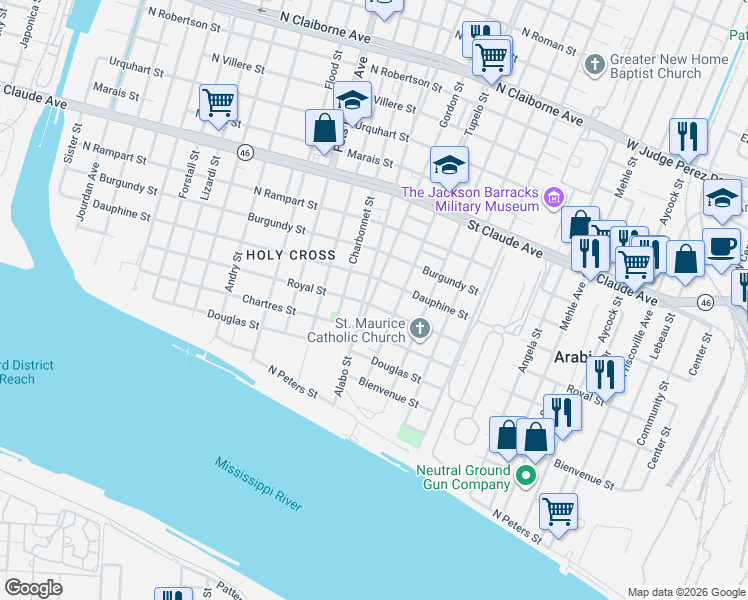 map of restaurants, bars, coffee shops, grocery stores, and more near 6019 Royal Street in New Orleans