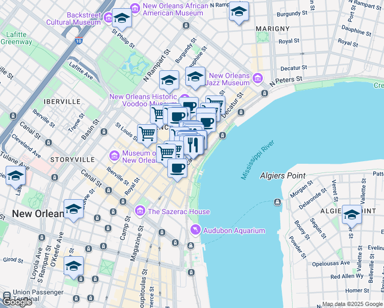 map of restaurants, bars, coffee shops, grocery stores, and more near 627 Decatur Street in New Orleans