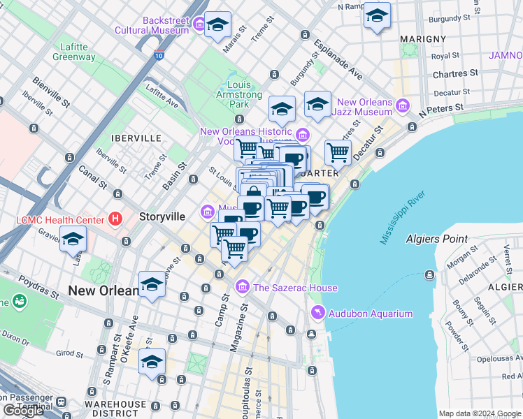 map of restaurants, bars, coffee shops, grocery stores, and more near 621 Saint Louis Street in New Orleans