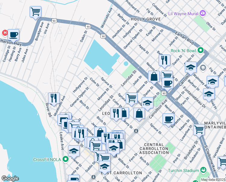 map of restaurants, bars, coffee shops, grocery stores, and more near 1919 Monroe Street in New Orleans