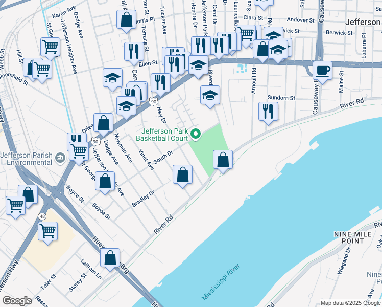 map of restaurants, bars, coffee shops, grocery stores, and more near 213 Highway Drive in Jefferson