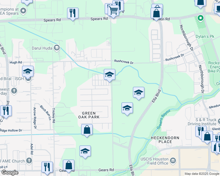 map of restaurants, bars, coffee shops, grocery stores, and more near 11847 Spears-Gears Road in Houston
