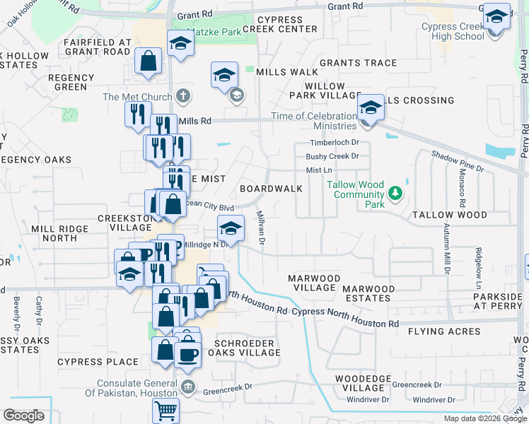 map of restaurants, bars, coffee shops, grocery stores, and more near 12611 Millvan Drive in Houston