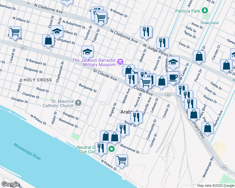 map of restaurants, bars, coffee shops, grocery stores, and more near 931 Angela Street in Arabi