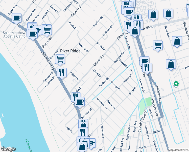 map of restaurants, bars, coffee shops, grocery stores, and more near 252 Bendler Drive in River Ridge