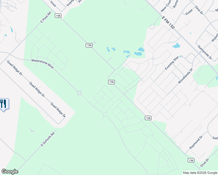 map of restaurants, bars, coffee shops, grocery stores, and more near County Road 158 in Kyle