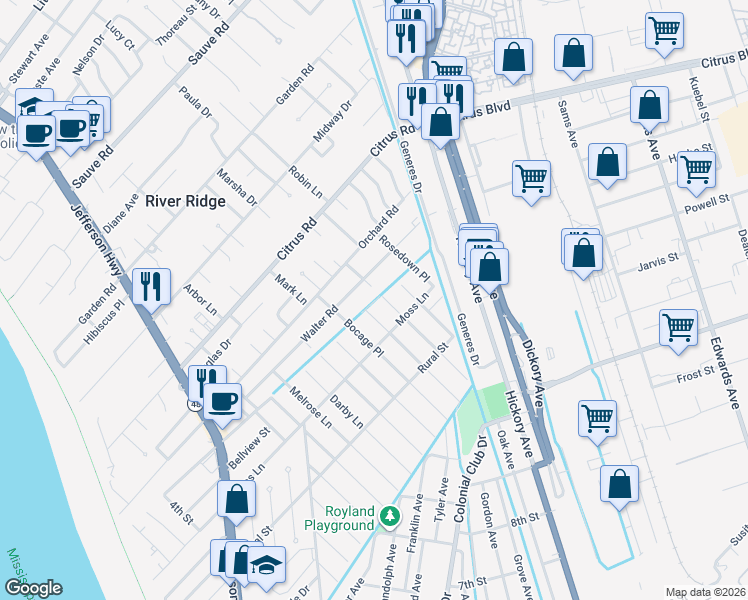 map of restaurants, bars, coffee shops, grocery stores, and more near 9201 Belle Grove Place in Metairie