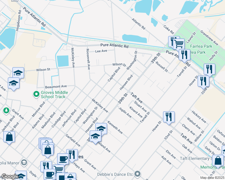 map of restaurants, bars, coffee shops, grocery stores, and more near 6838 Washington Street in Groves