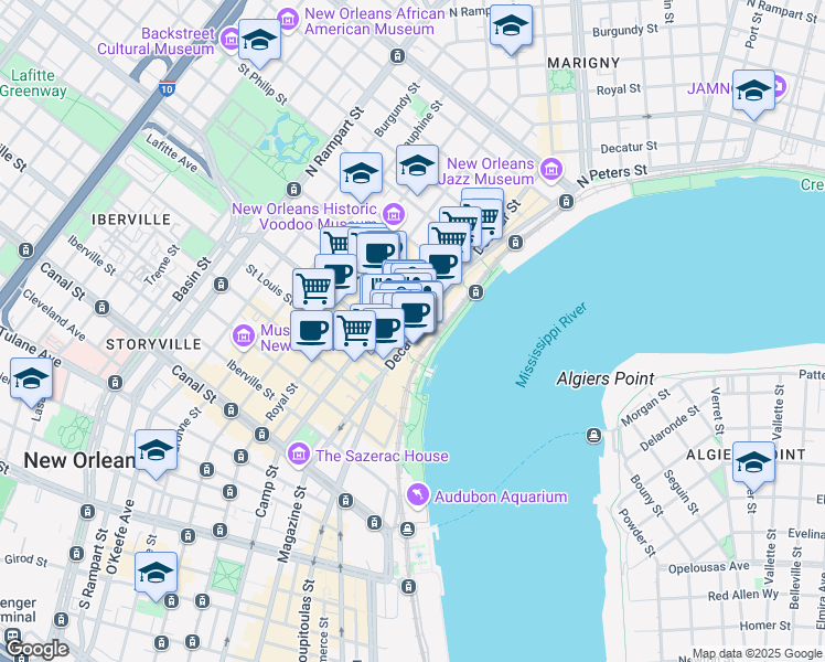 map of restaurants, bars, coffee shops, grocery stores, and more near 627 Decatur Street in New Orleans