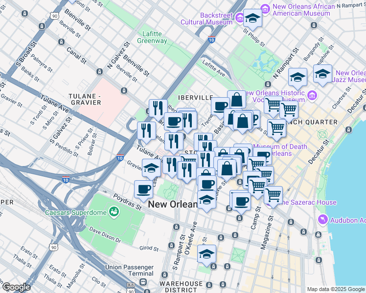 map of restaurants, bars, coffee shops, grocery stores, and more near 131 South Liberty Street in New Orleans