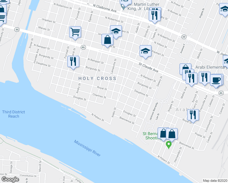 map of restaurants, bars, coffee shops, grocery stores, and more near 5800 Royal Street in New Orleans