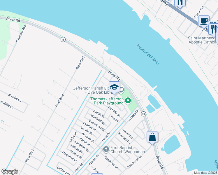 map of restaurants, bars, coffee shops, grocery stores, and more near 43 Rosa Street in Westwego